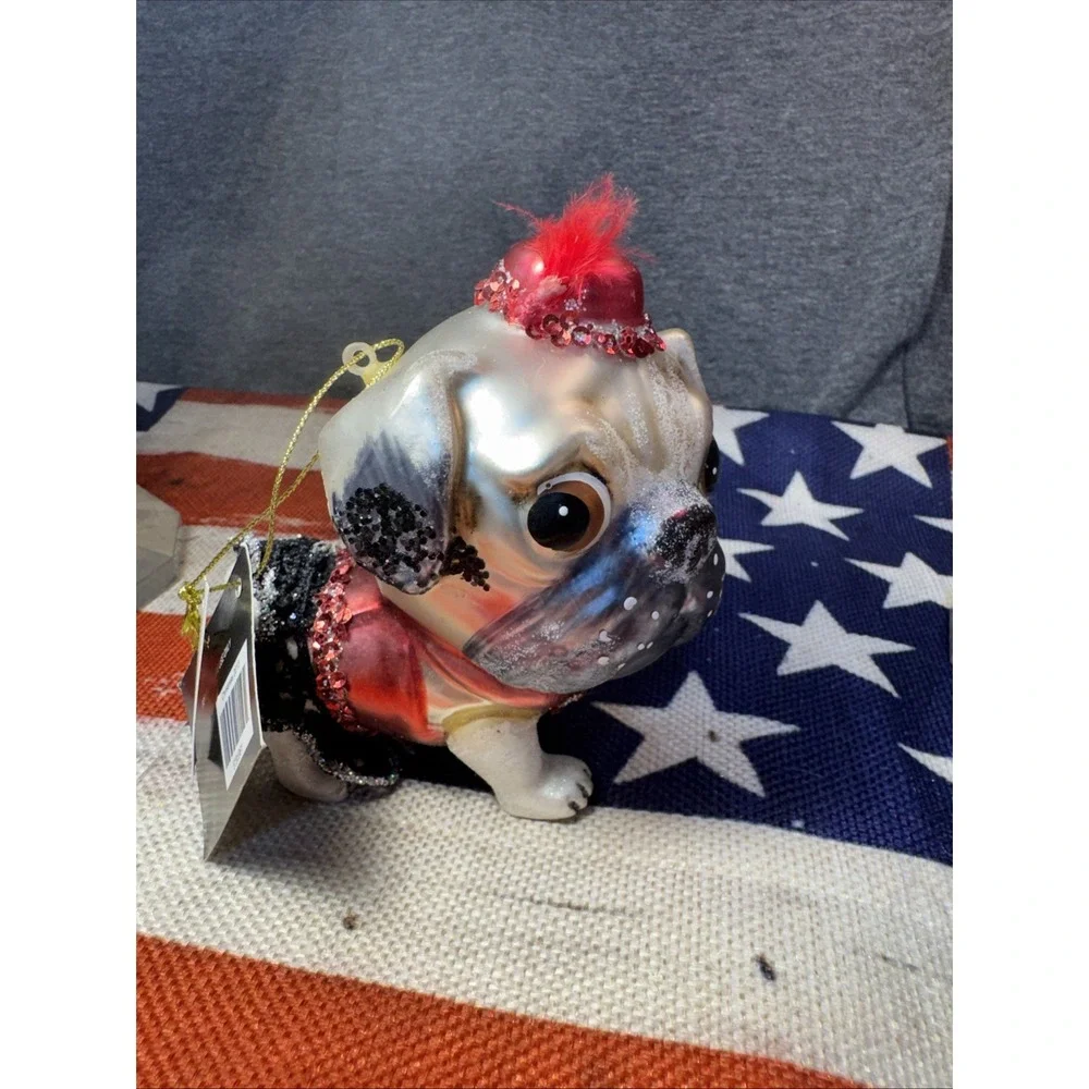 Robert Stanley Pug Dog Christmas Ornament Glass Red Feather Hat Glitter Details
